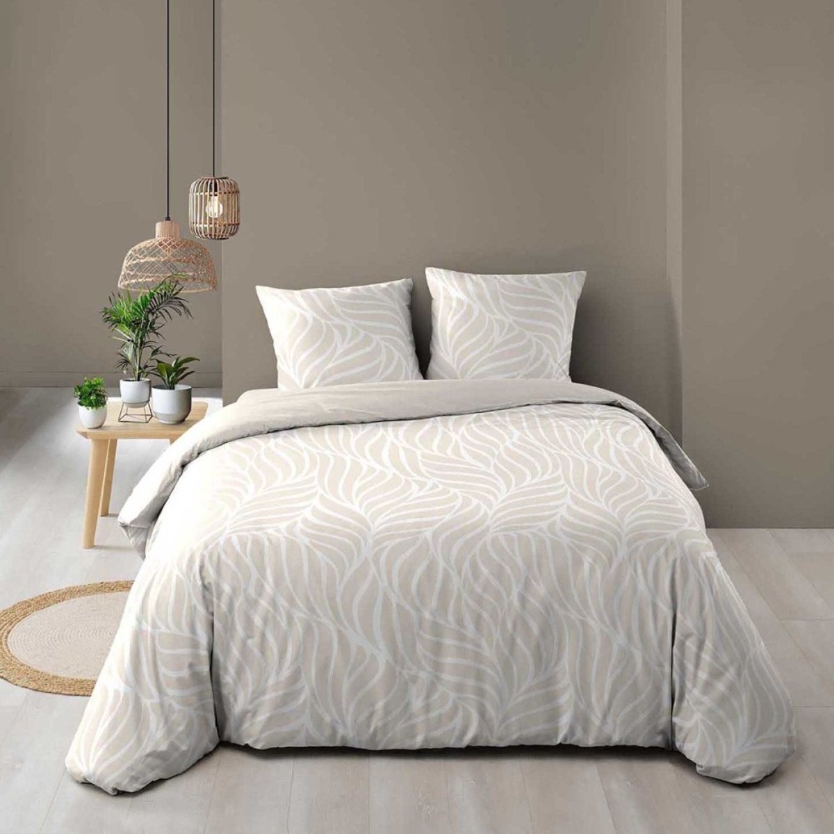 Housse de couette 2 personnes + 2 taies 100% coton 57fils naturel beige, DECORATIE