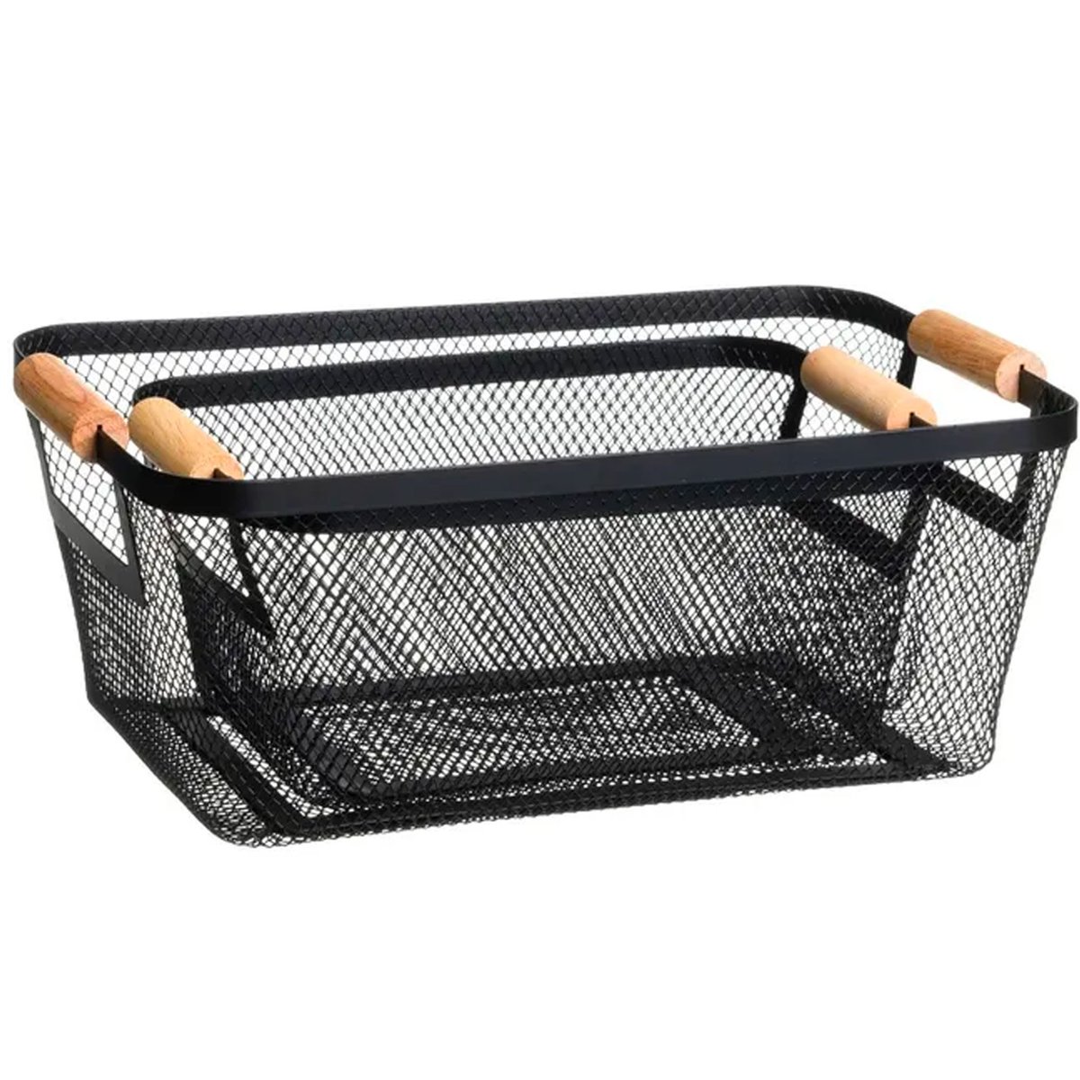 Set 2 paniers de rangement multiusage métal noir et bois 33x21x14cm noir, WADIGA