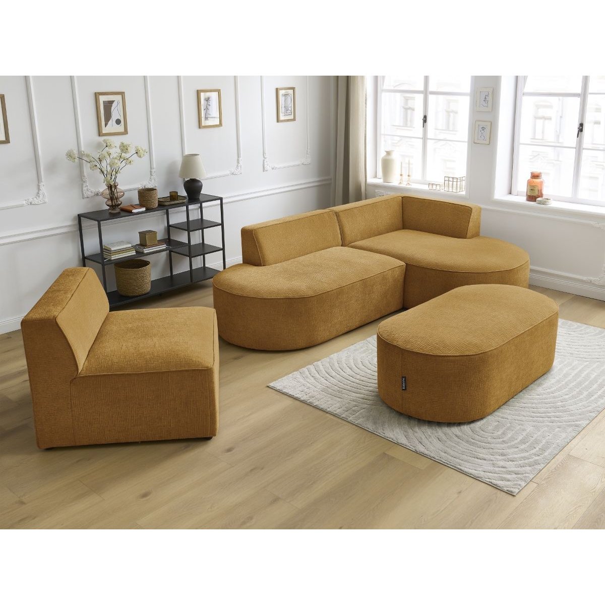 Canapé modulable 6 places en tissu texturé, ROUSSEAU jaune, BOBOCHIC
