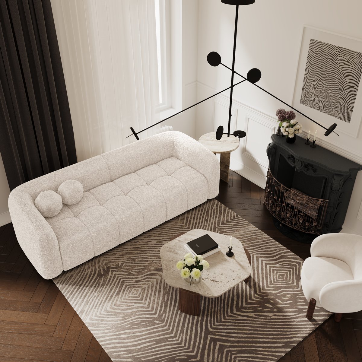 Canapé 3 places en tissu bouclette HAUSSMANN crème, SIA HOME
