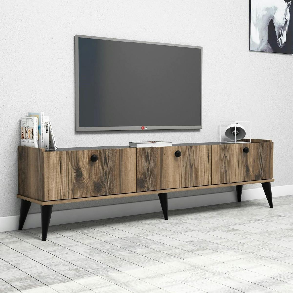 Meuble TV vintage 3 portes décor bois foncé et marbre UMEA marron, PIER IMPORT