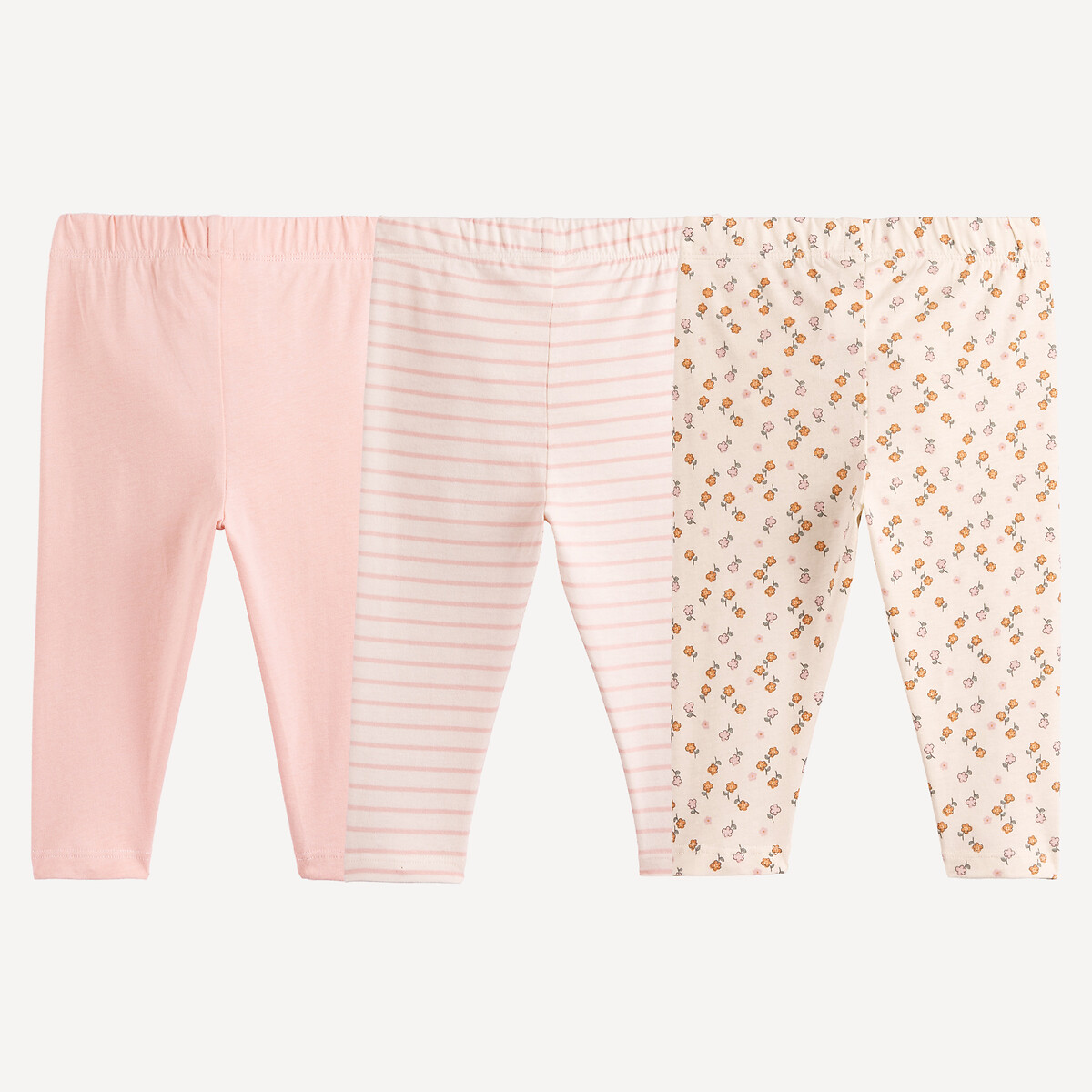 Lot de 3 leggings, motifs à rayures et à fleurs rose + rayé + imp écru, LA REDOUTE COLLECTIONS