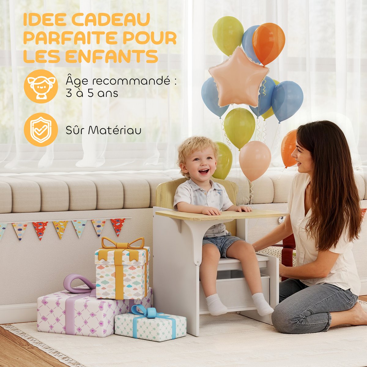 Ensemble table et chaises pour enfants MDF blanc, bois clair, AIYAPLAY