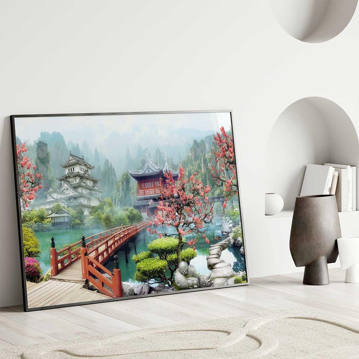 Affiche encadrée jardin japonais pagode affiche + cadre en métal - noir, HEXOA