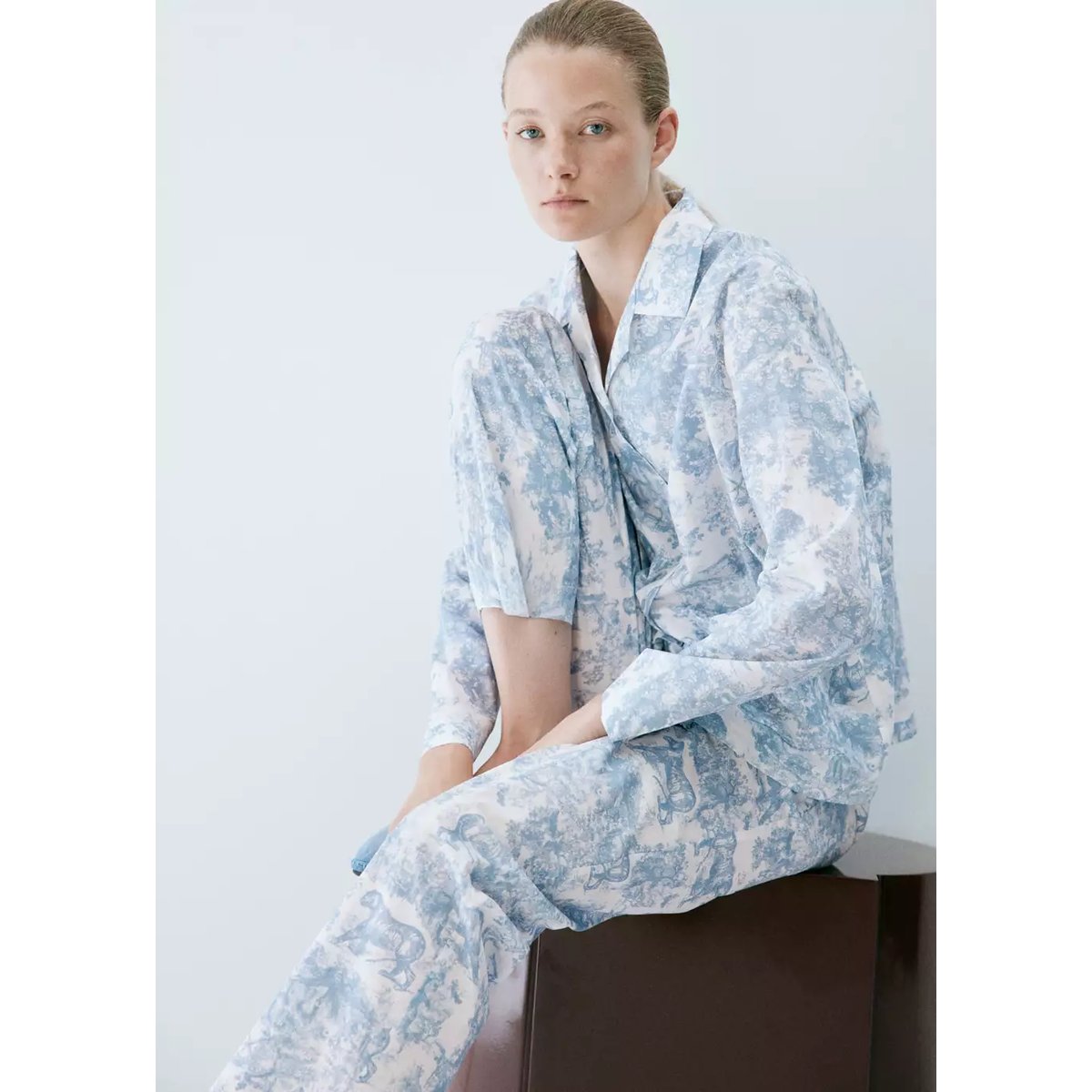 Pantalon imprimé coton bleu, MANGO