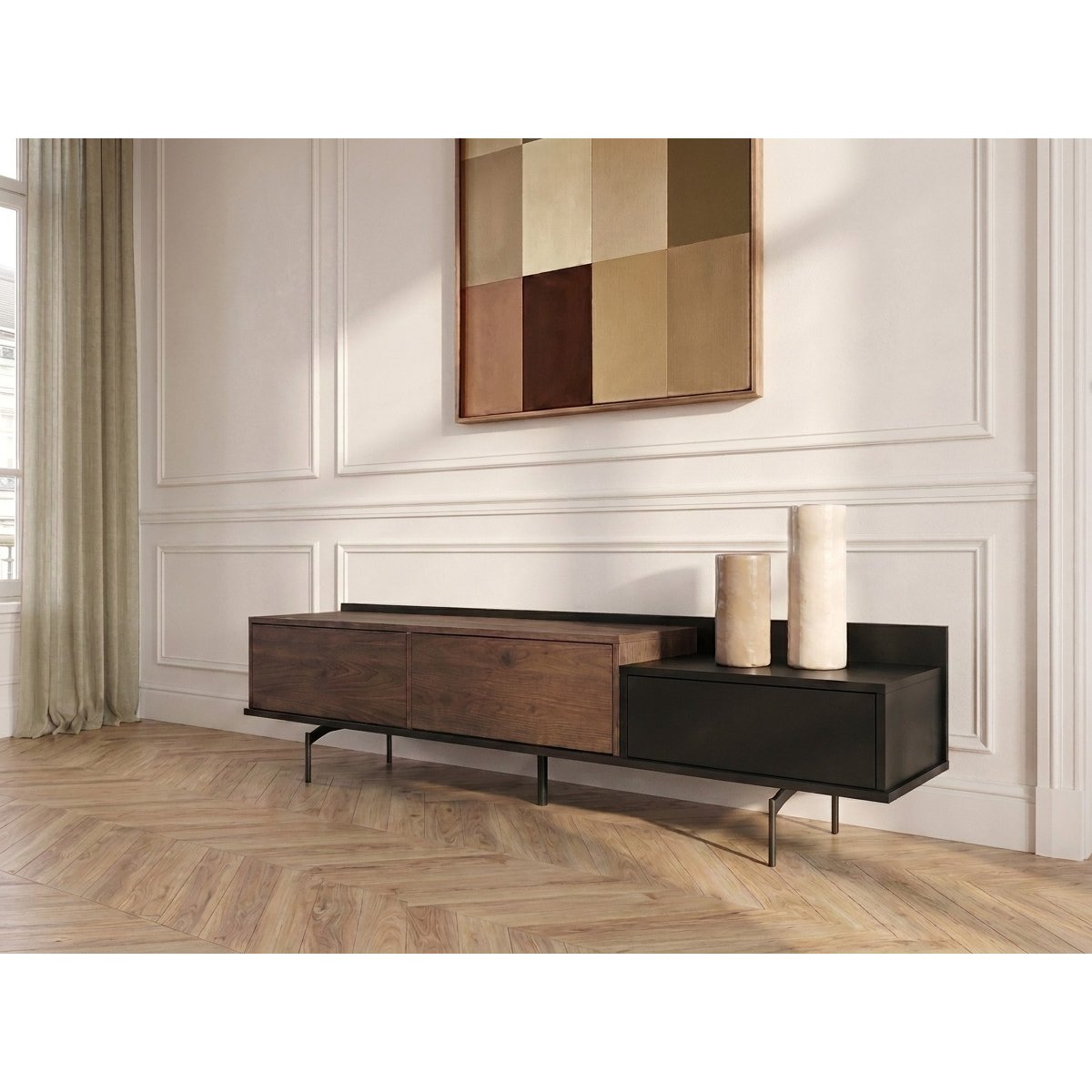 Meuble TV 200 cm , FREDA noir et noyer, BOBOCHIC