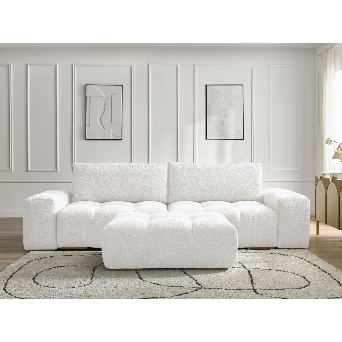 Canapé droit fixe 4 places en tissu bouclette avec pouf, ANAKIN blanc, BOBOCHIC