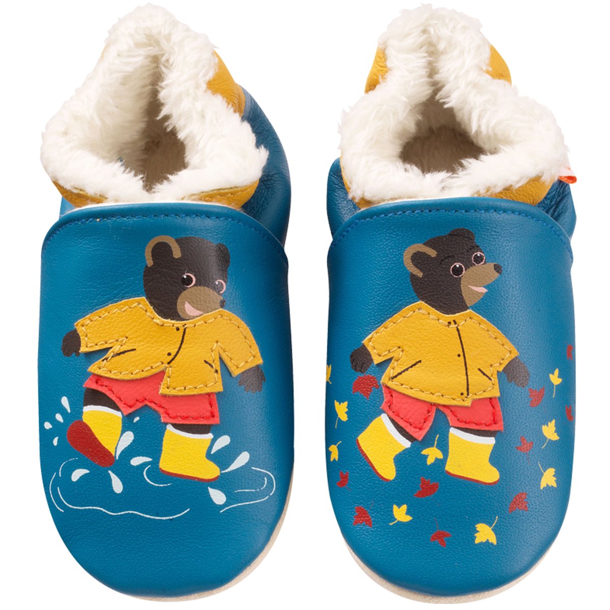 Chaussons cuir souple Petit Ours Brun bleu, TICHOUPS