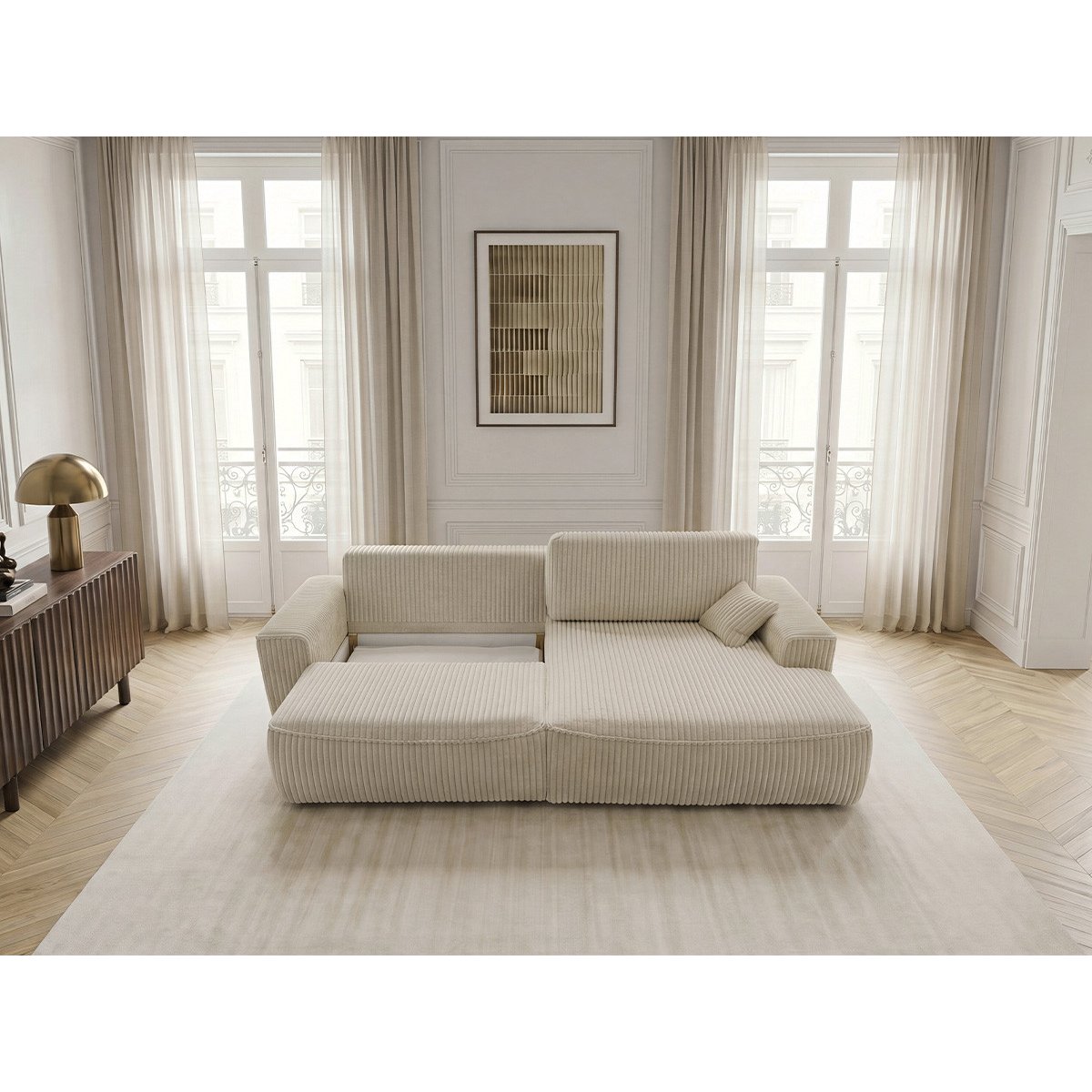 Canapé d'angle convertible places en gros côtelé doux, AUSTIN beige, BOBOCHIC
