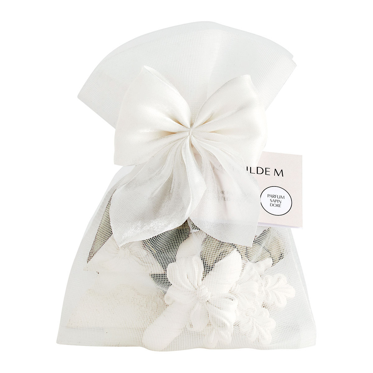 Pochon 3 décors parfumés Sapin Doré RUBANS DE FÊTE blanc, MATHILDE M