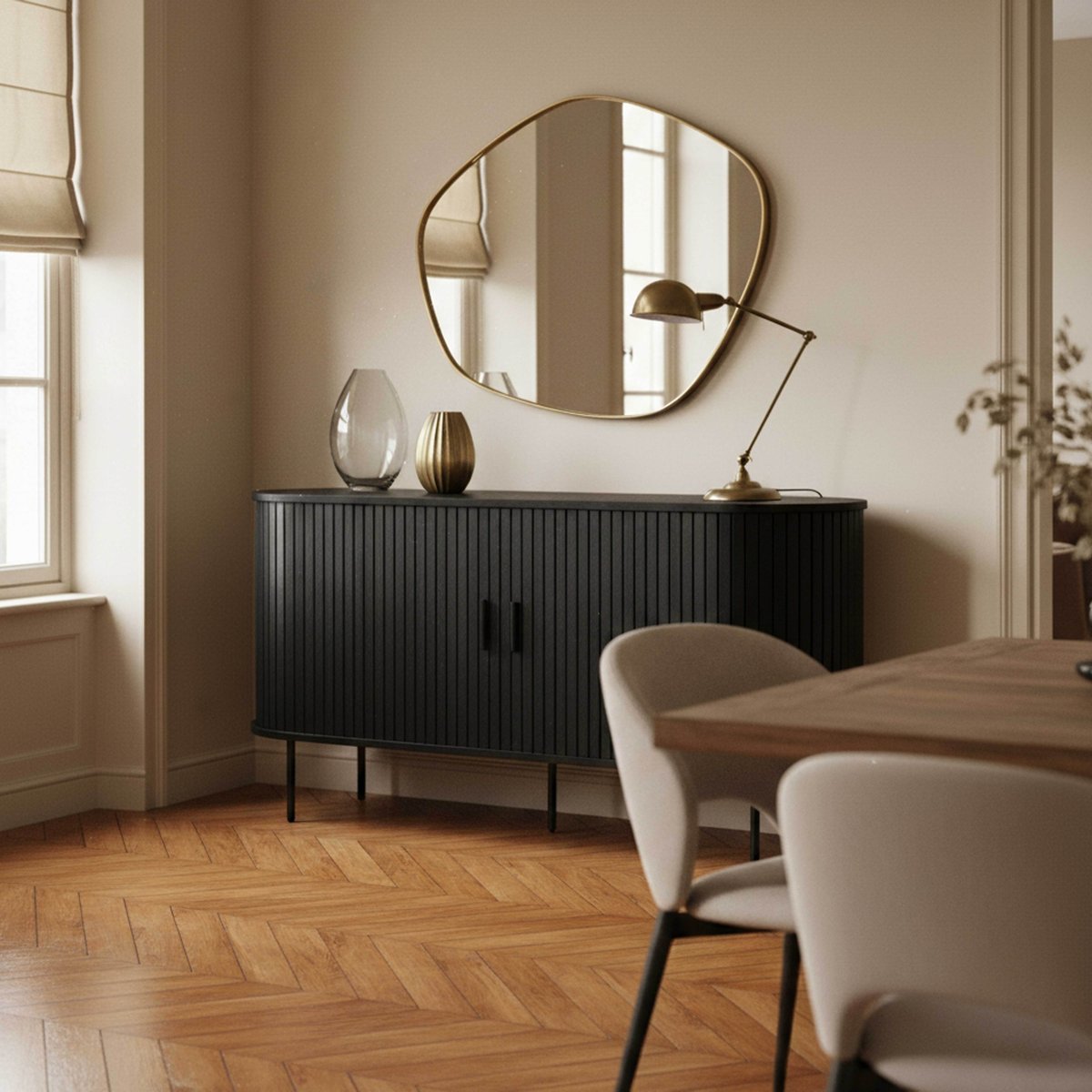 Buffet 2 portes en MDF décor mélaminé et acier 140 cm, MARIUS noir, OVIALA
