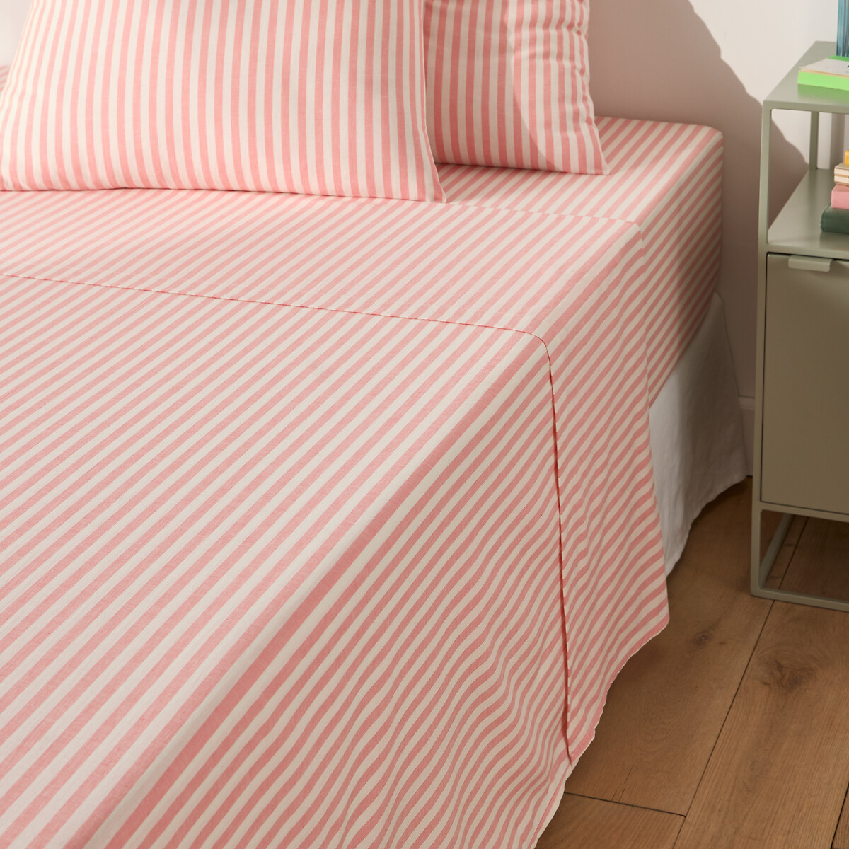 Drap plat en coton, SOIZIC CORAIL rayé corail, LA REDOUTE INTERIEURS