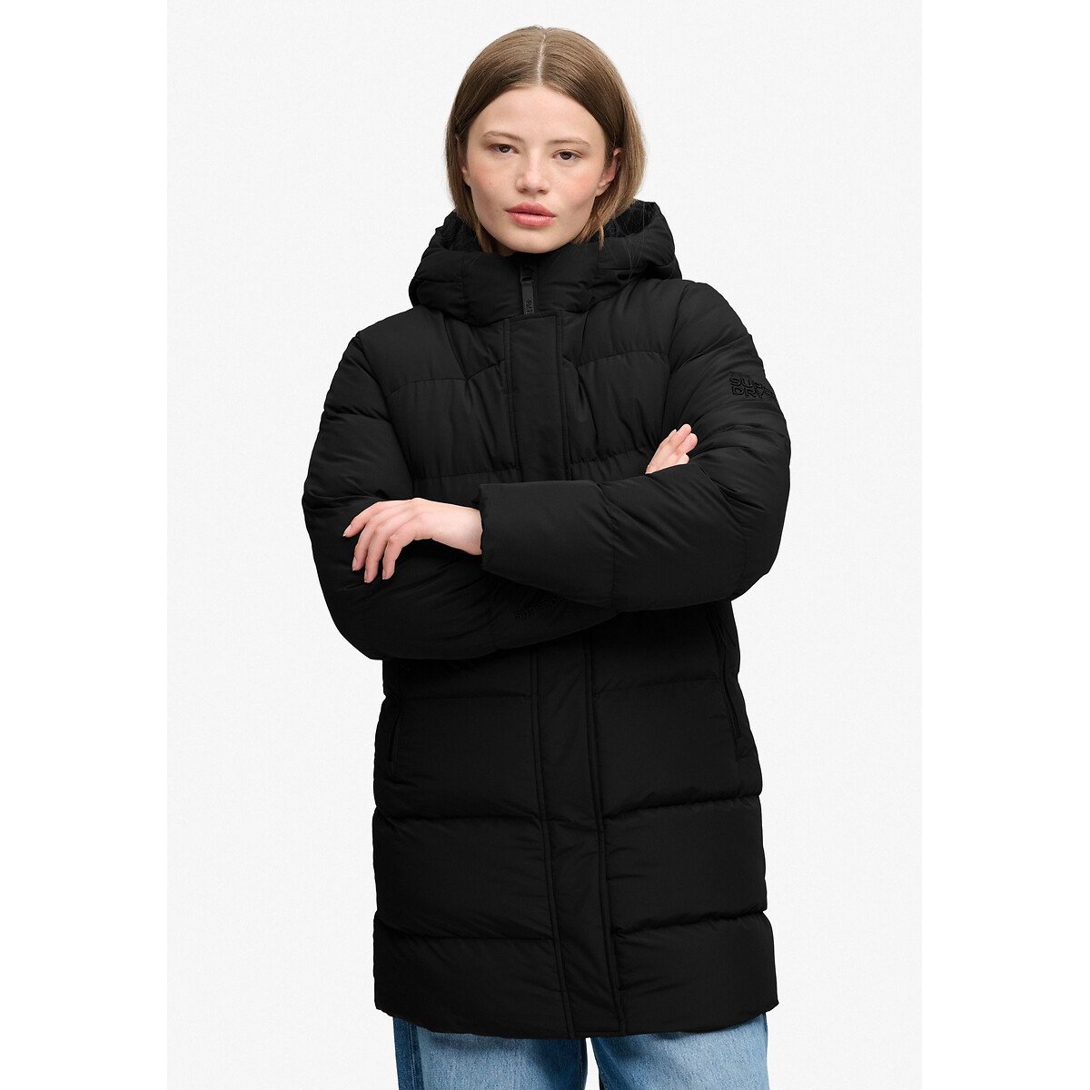 Chaqueta acolchada de largo medio con capucha Sports negro, SUPERDRY