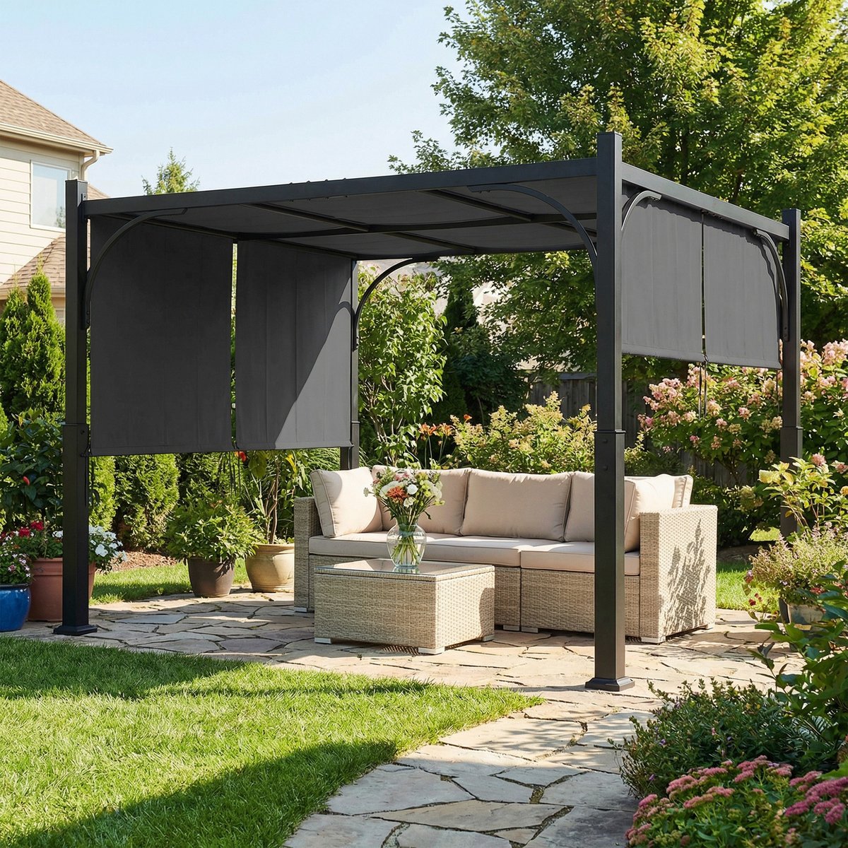 Pergola de jardin 3 x 3 m auvent coulissant métal galvanisé gris, OUTSUNNY