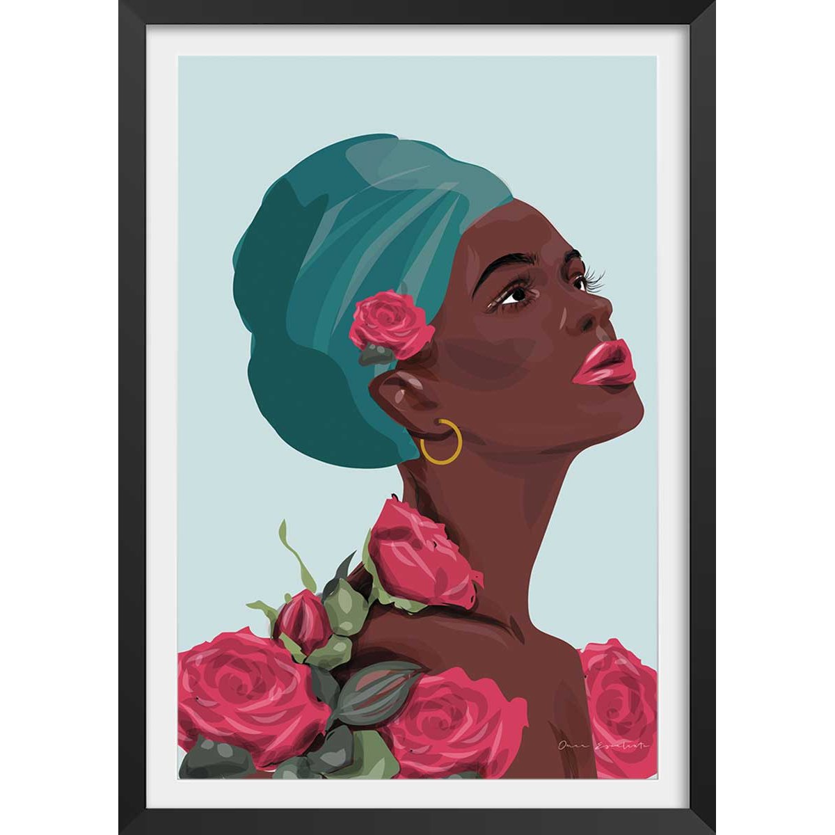 Affiche mode La femme aux roses affiche + cadre en bois - noir, HEXOA