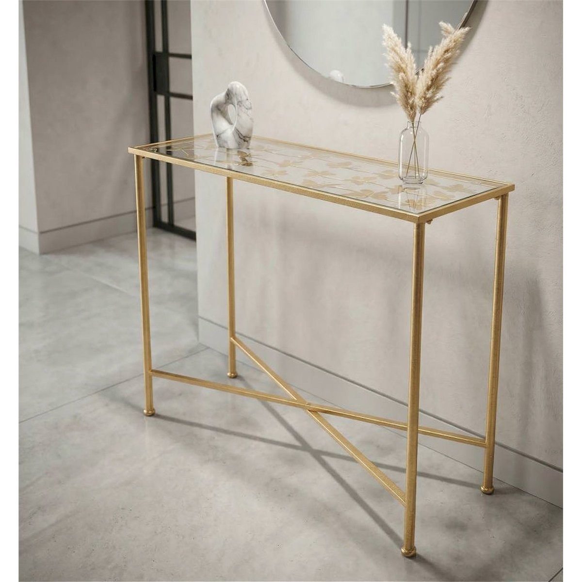 Console en verre motif papillons GLAM doré et transparent, RECOLLECTION