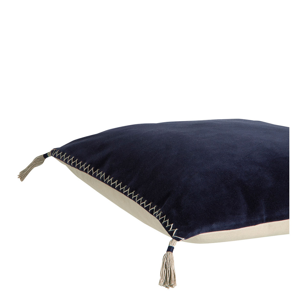 Housse de coussin MATTÉO velours de coton et lin bleu de minuit, BLANC D’IVOIRE