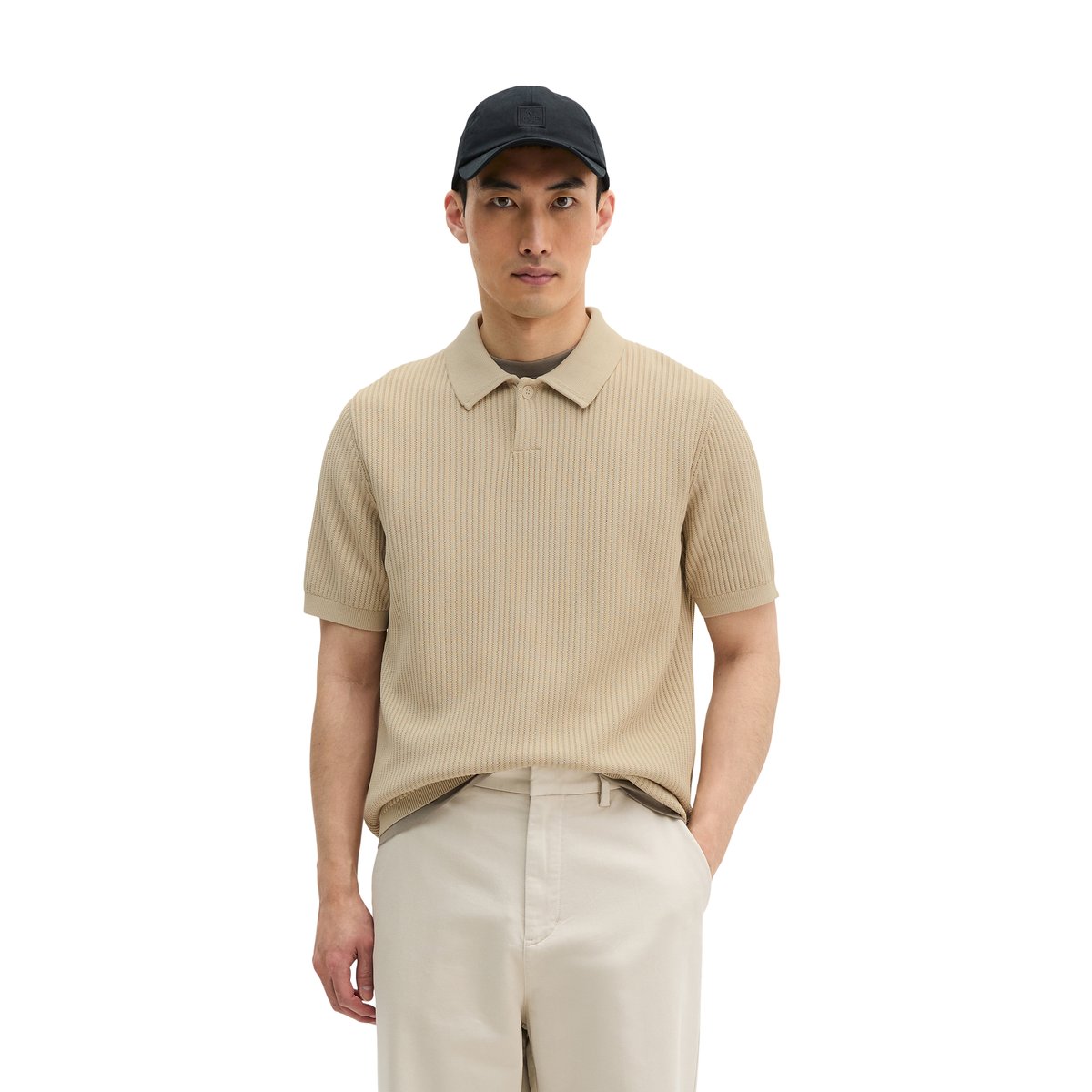 Polo en tricot régulier en pur coton bio beige, MARC O'POLO