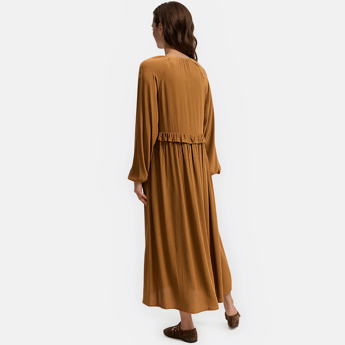 Robe longue fluide à volant manches longues marron camel, LA REDOUTE COLLECTIONS