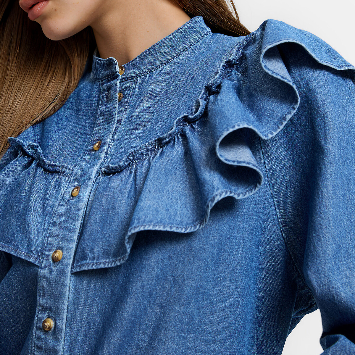 Ruffled Crew Neck Denim Shirt stonewashed blue, LA REDOUTE COLLECTIONS