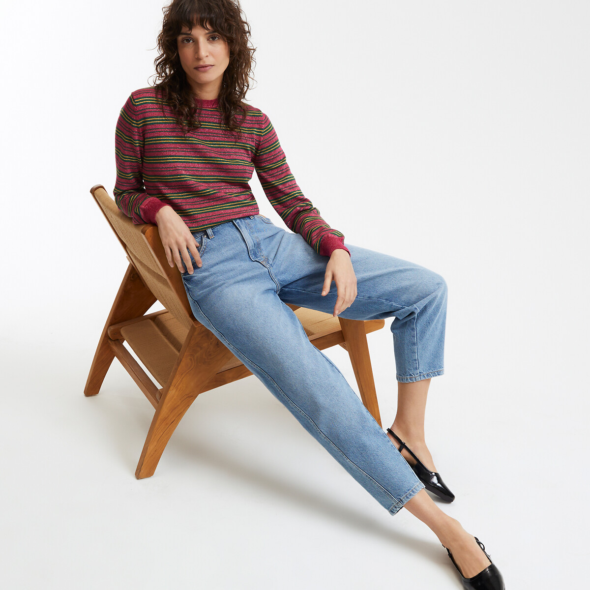 Striped Crew Neck Jumper, in Fine Knit with Sparkly Thread pink striped, LA REDOUTE COLLECTIONS