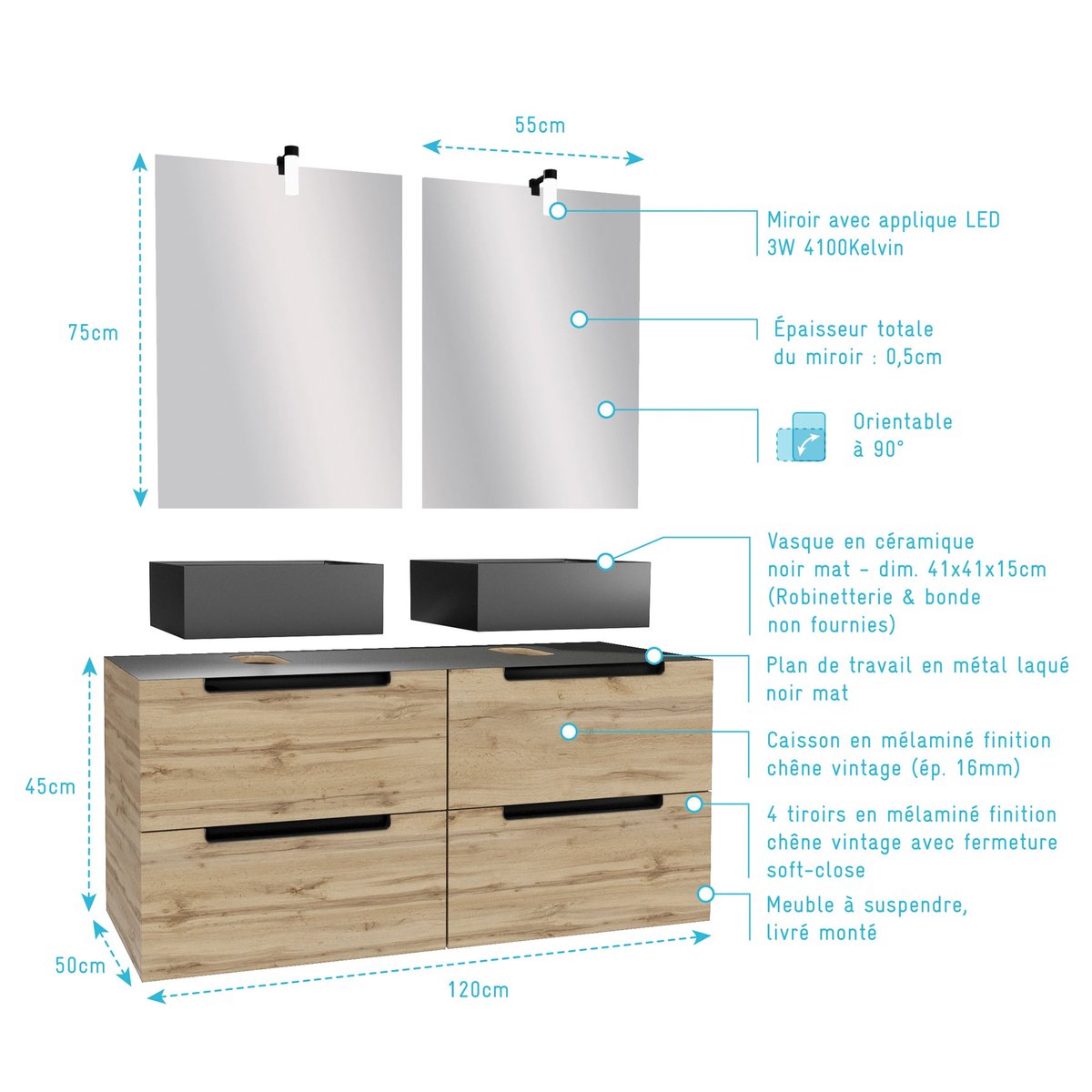 Ensemble de salle de bains avec 2 vasques et miroirs rectangulaires à led naturel, HOME MAISON