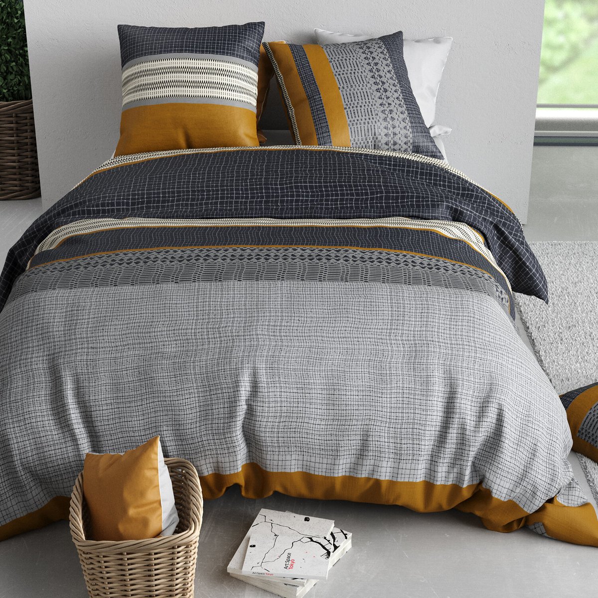 Parure housse de couette en coton imprimée, Elka gris, ATELIER DU COTON