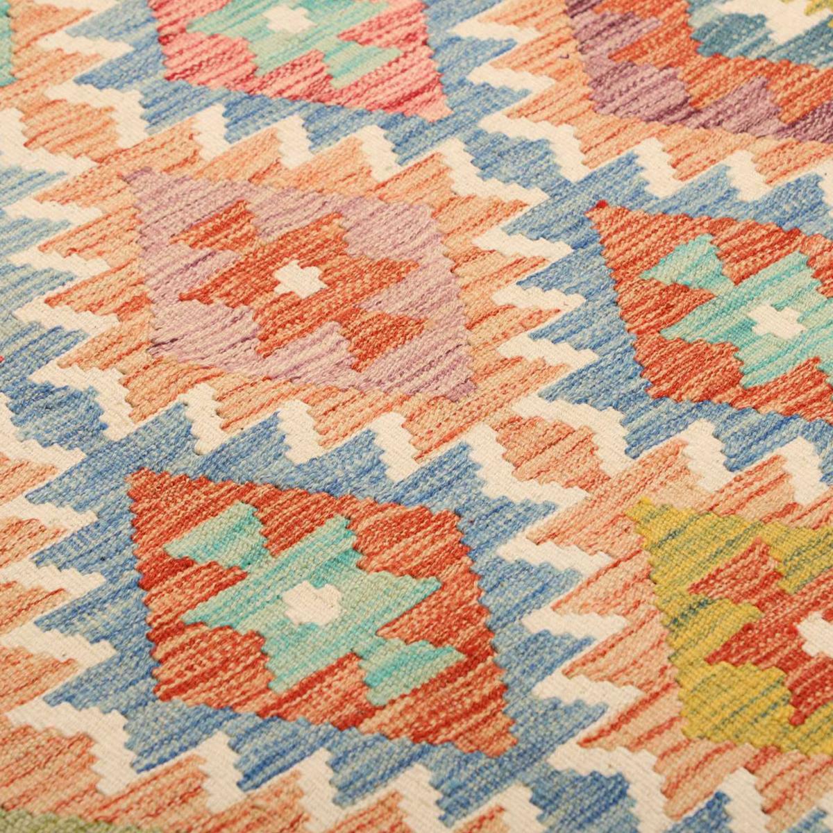 Tapis kilim, motif géométrique authentique, tissé plat, KILIM 28 multicolore, bleu, orange, UN AMOUR DE TAPIS