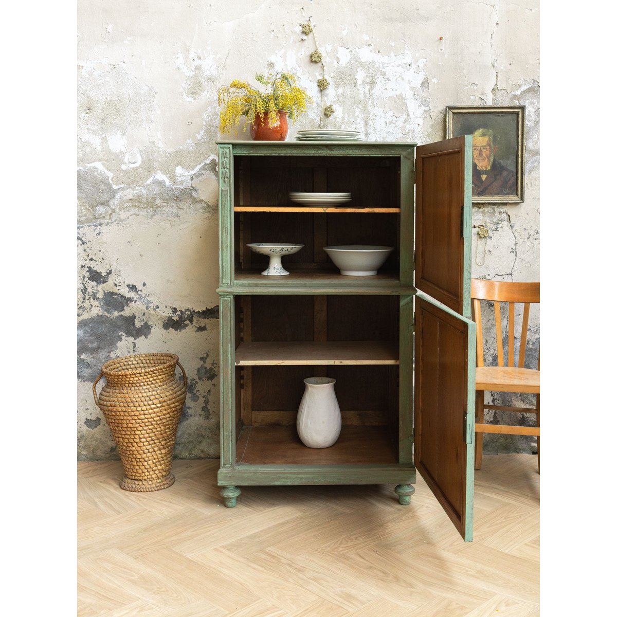 Armoire en bois Blandine N°441 - Bon état vert, DEBONGOUT