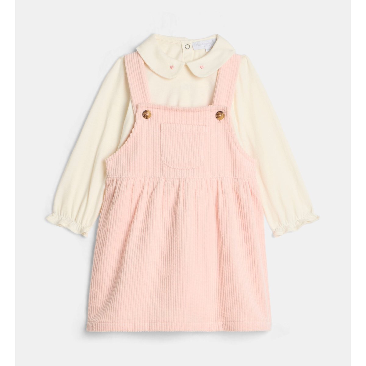Ensemble robe salopette et polo tathenais velours coton bio rose pâle, CADET ROUSSELLE