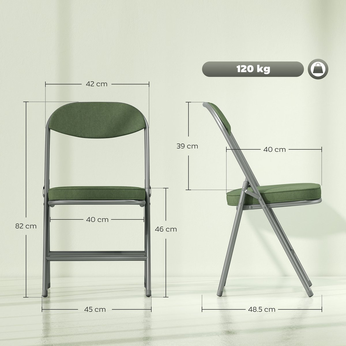 Chaise pliante Velours côtelé (100 % vert, HOMCOM