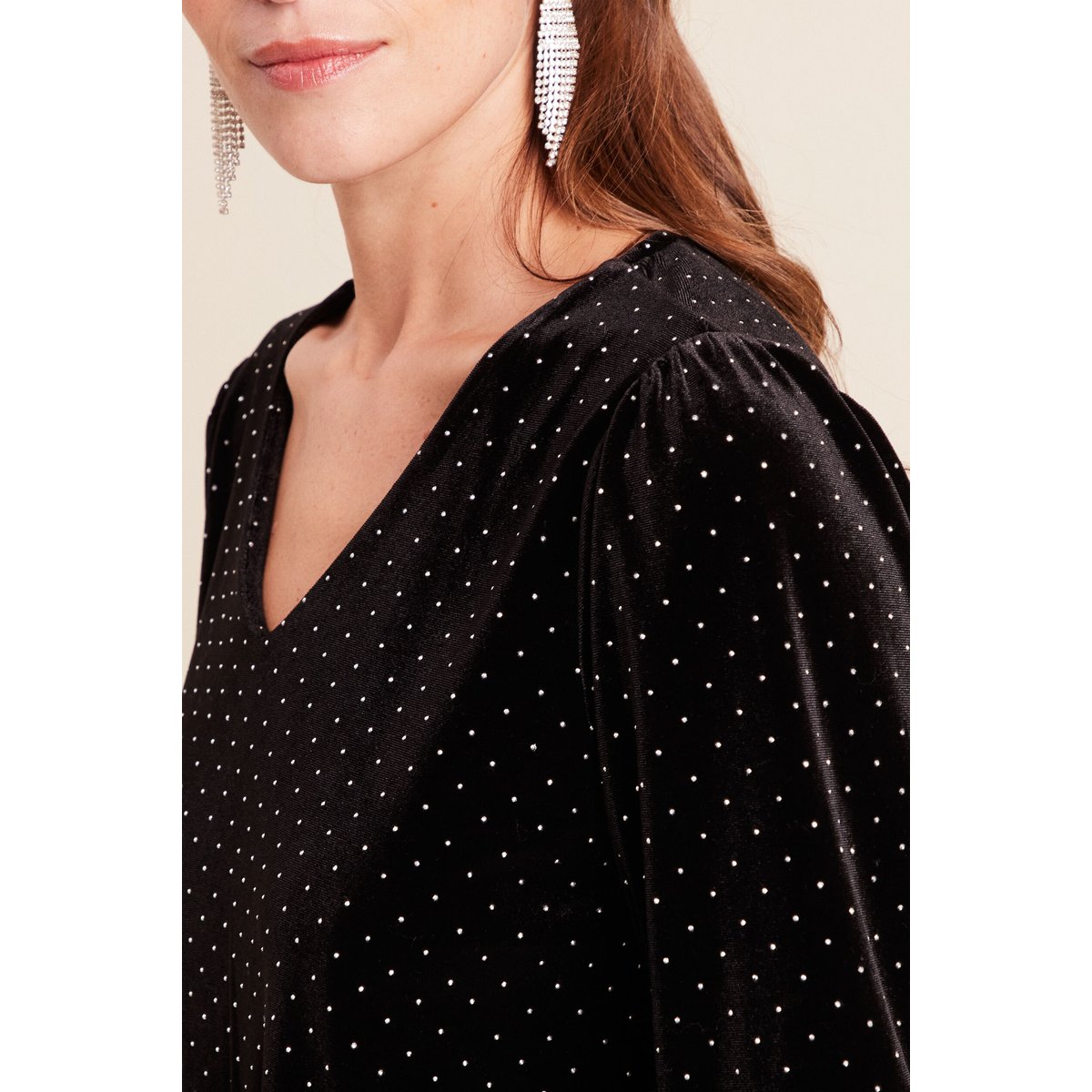 Top velours col v manches 3/4 strass noir, BREAL