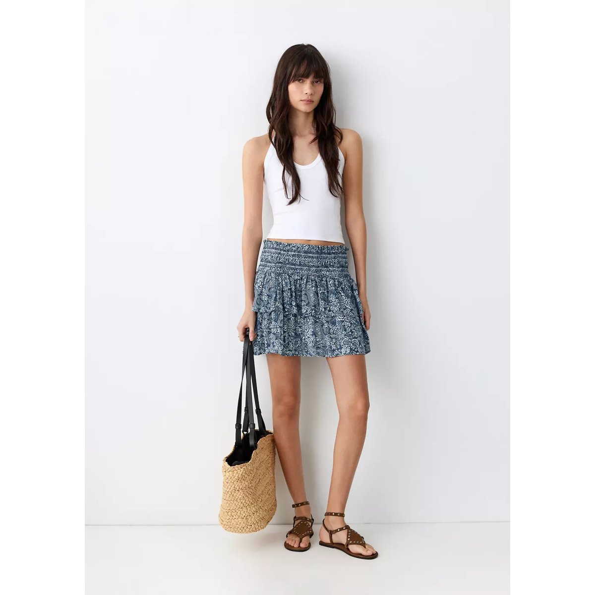 Jupe courte imprimée bleu marine, MANGO TEEN