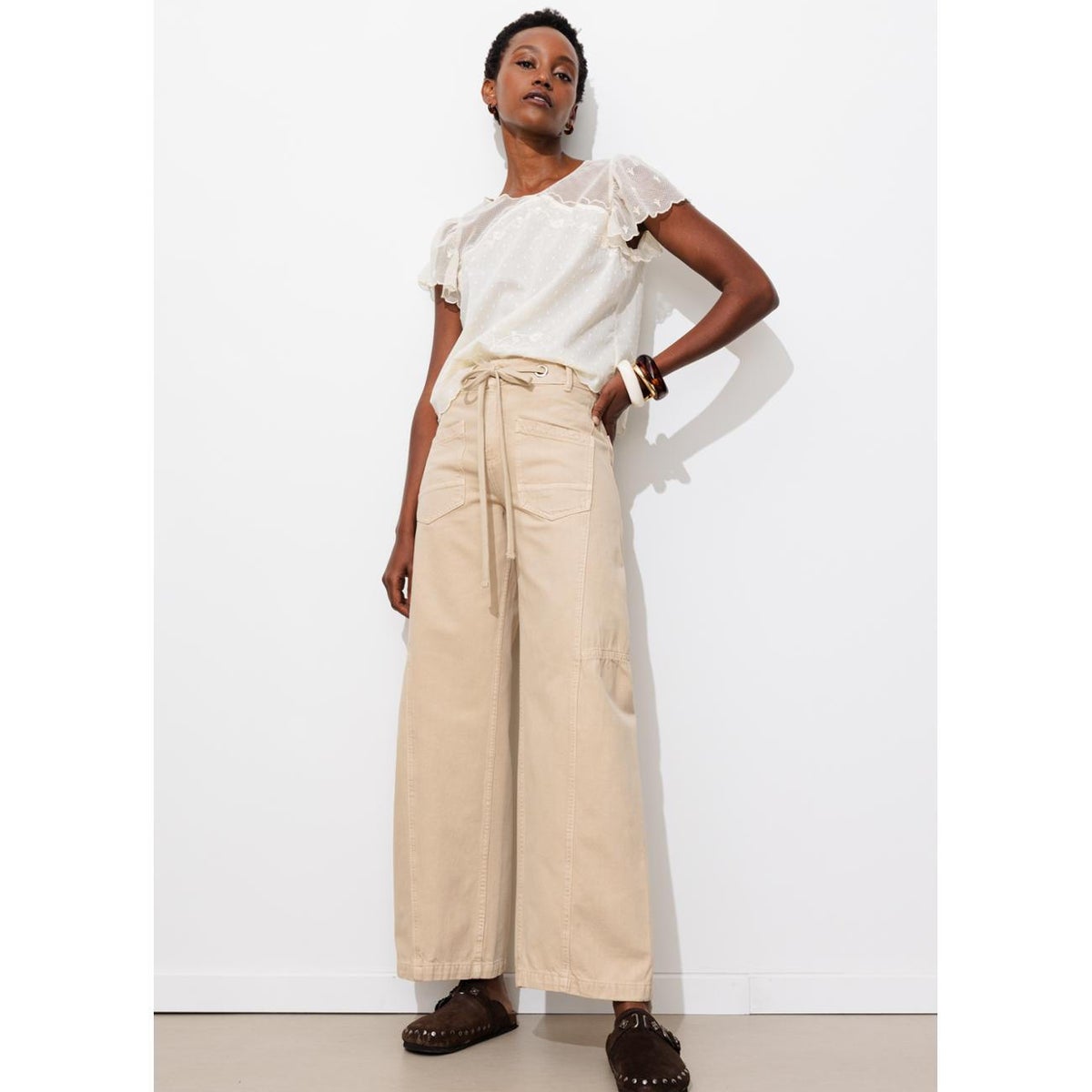 Pantalon large à oeillets beige, PROMOD
