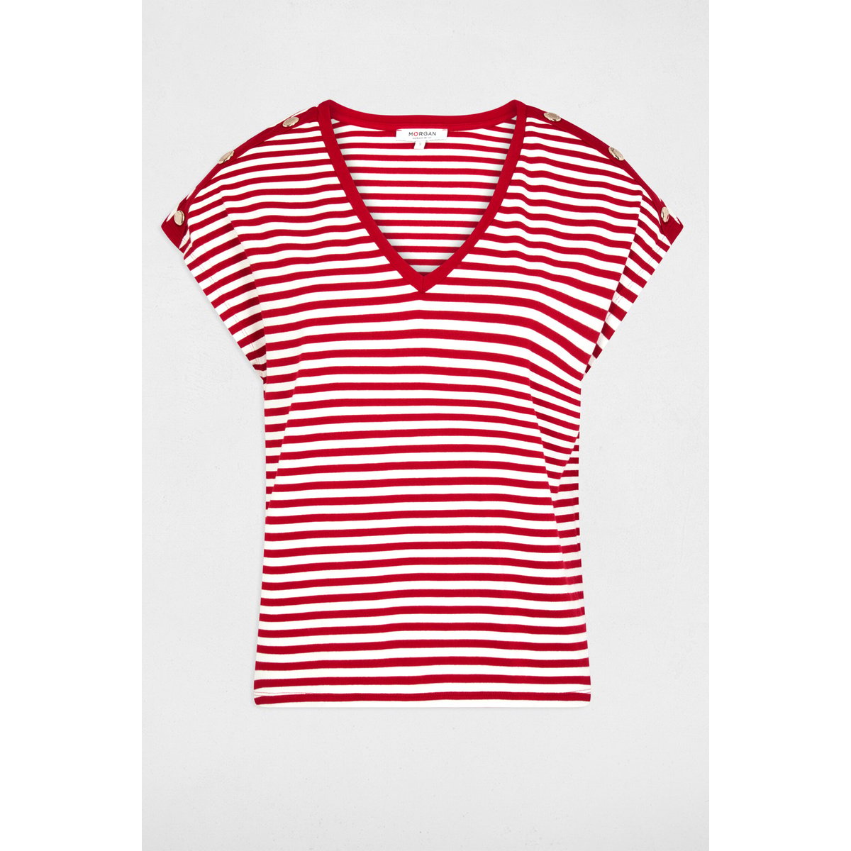 T-shirt rayé col v blanc, MORGAN