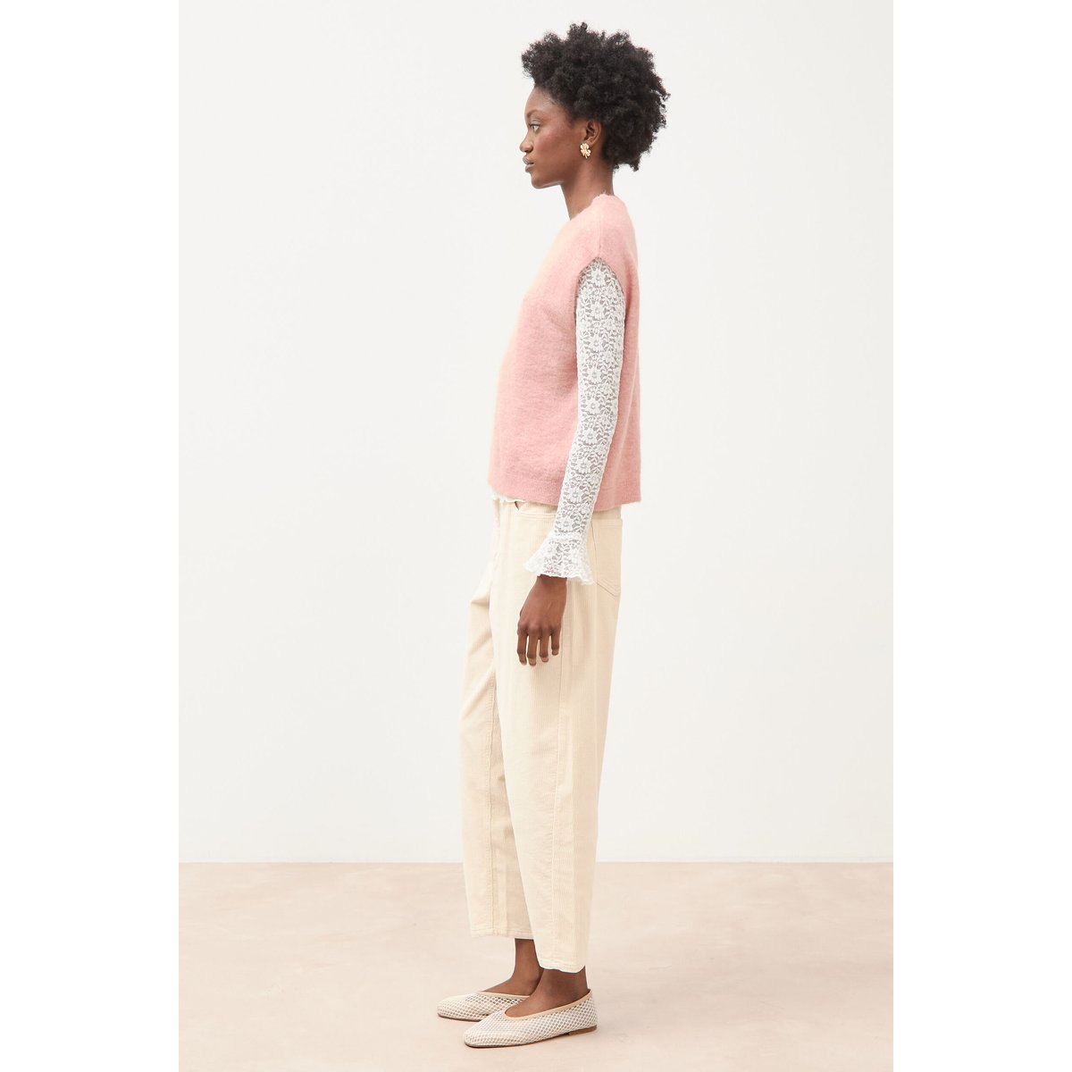 Pull droit court sans manches col rond rose pastel, BONOBO