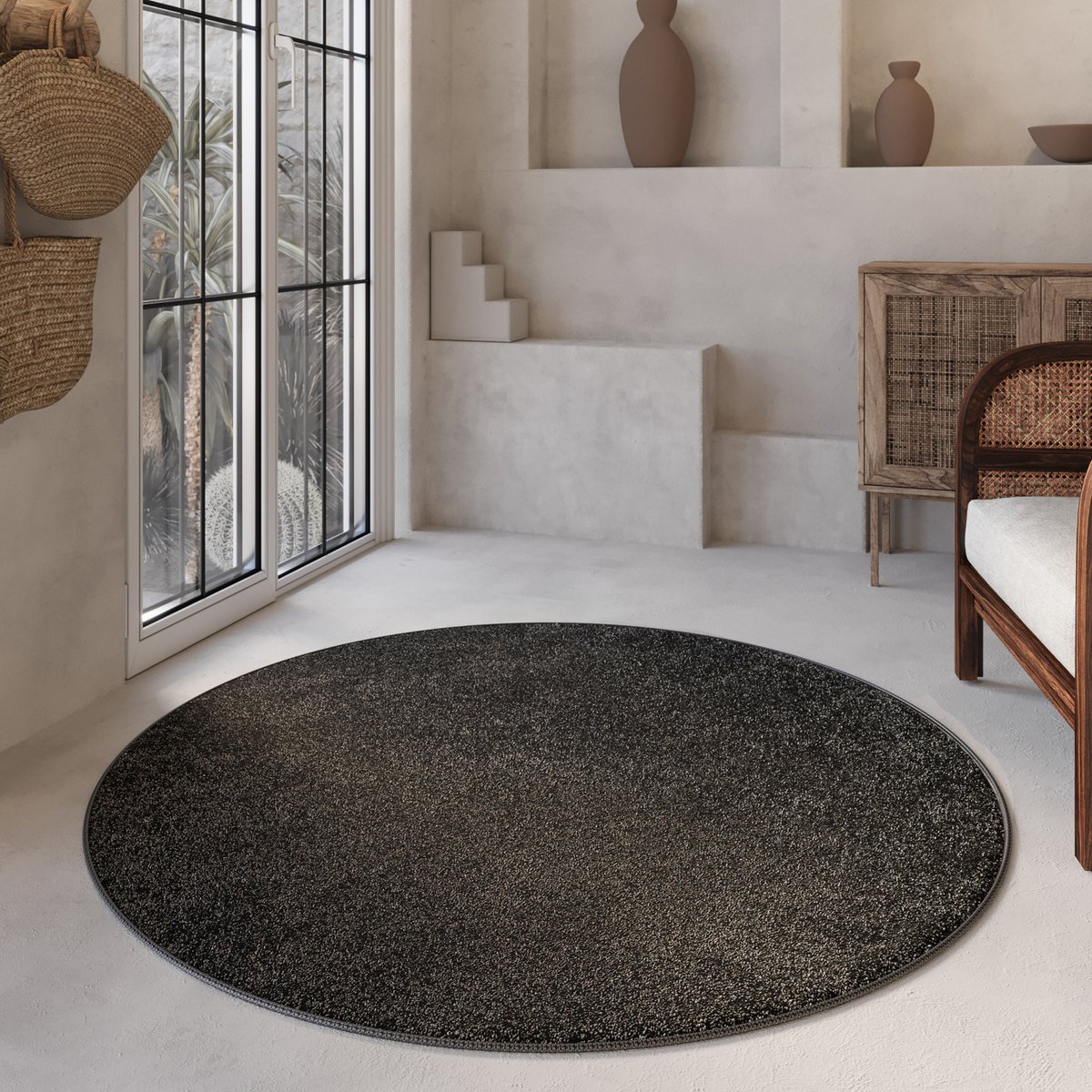 Tapis salon rond à poils courts doux ,  Nova anthracite, WECON HOME