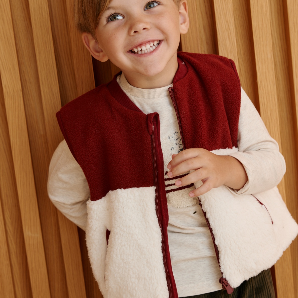 Veste sans manches enfant en sherpa Pistache bordeaux, PETIT BEGUIN