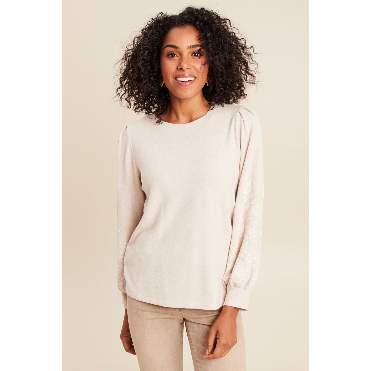 Pull duveteux col rond manches longues creme, BREAL