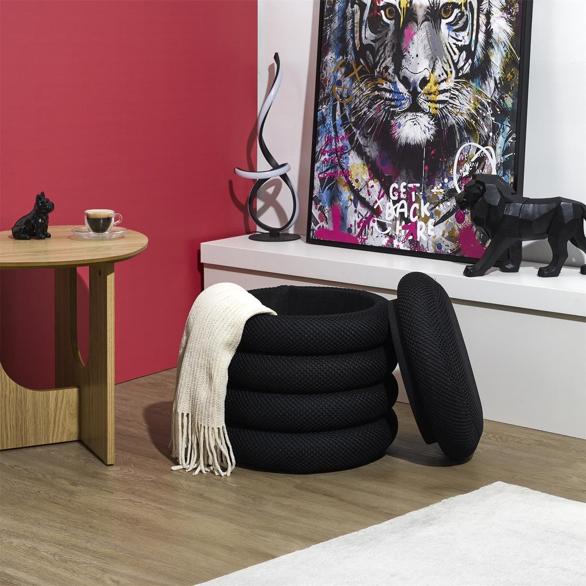 Pouf de rangement avec tissu texturé ATOME noir, THE HOME DECO FACTORY