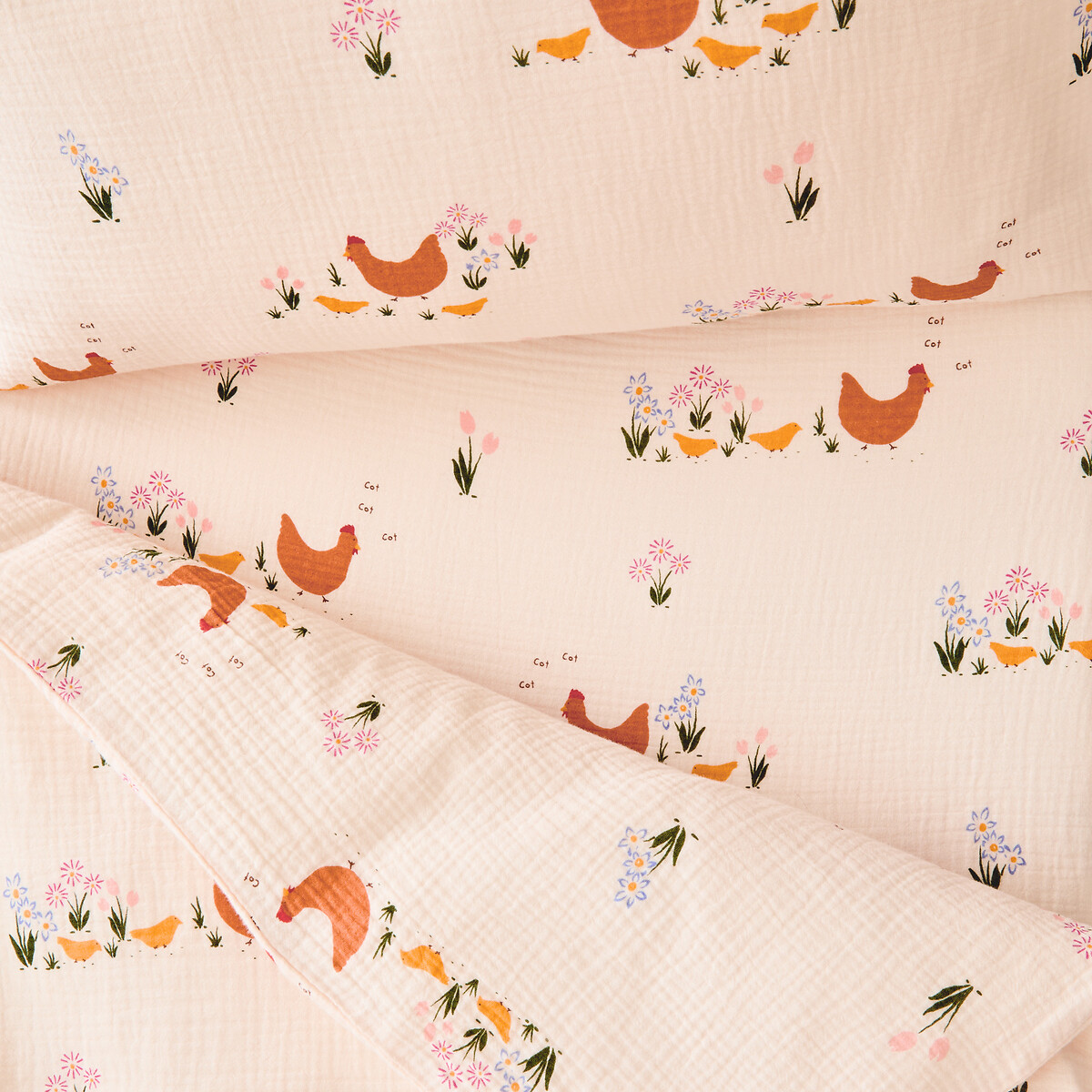 Funda nórdica para bebé, gasa algodón orgánico, estampado de gallinas, POULETTE rosa , LA REDOUTE INTERIEURS