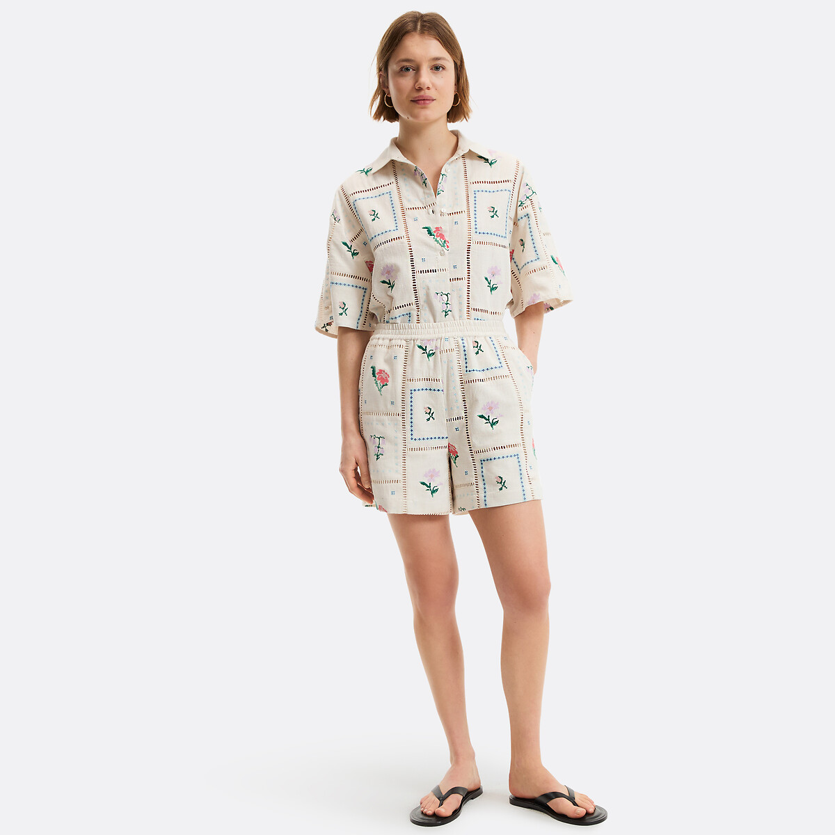 Short brodé floral à taille élastiquée beige naturel, LA REDOUTE COLLECTIONS