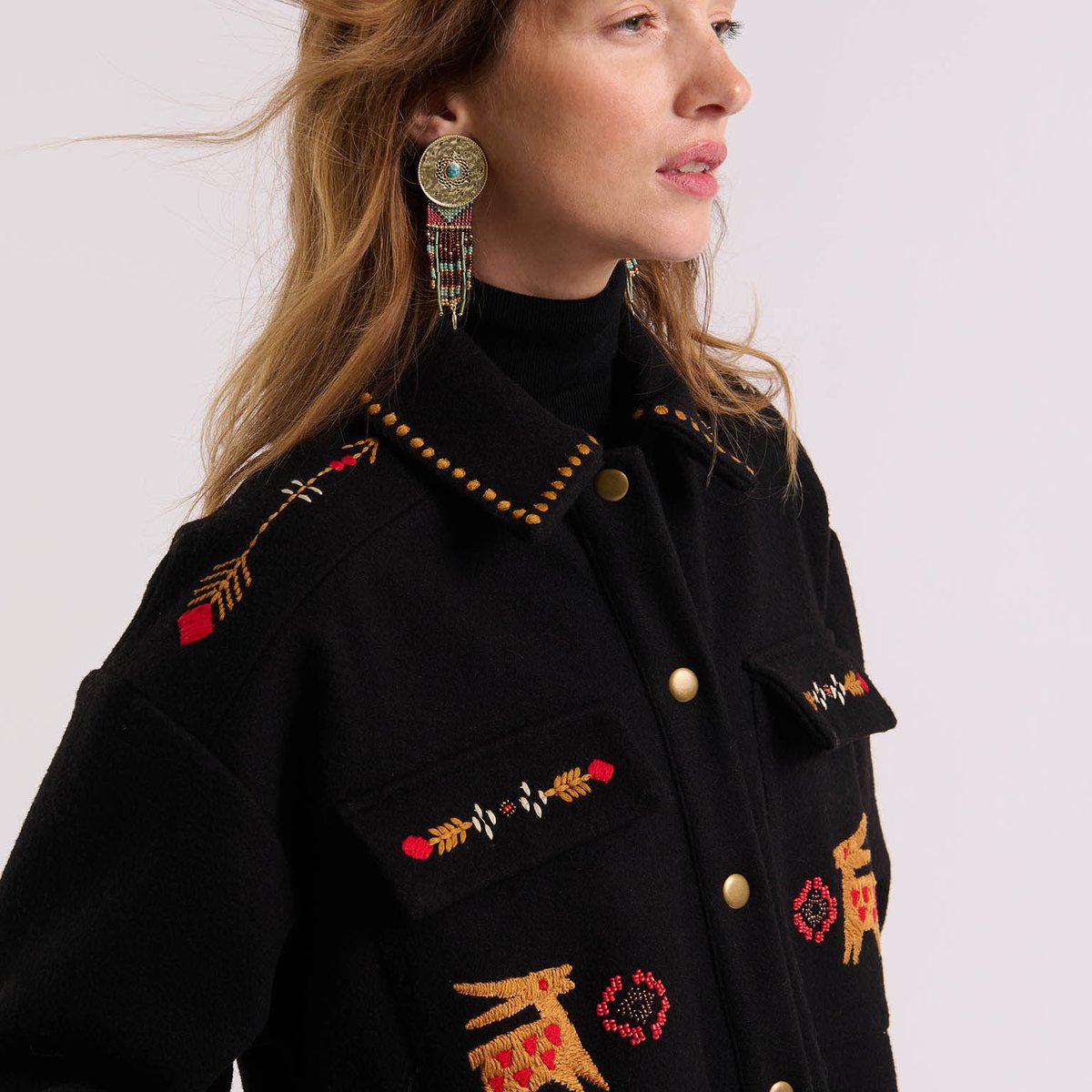 Manteau à motifs et perles aztèques ANGELE noir, WILD