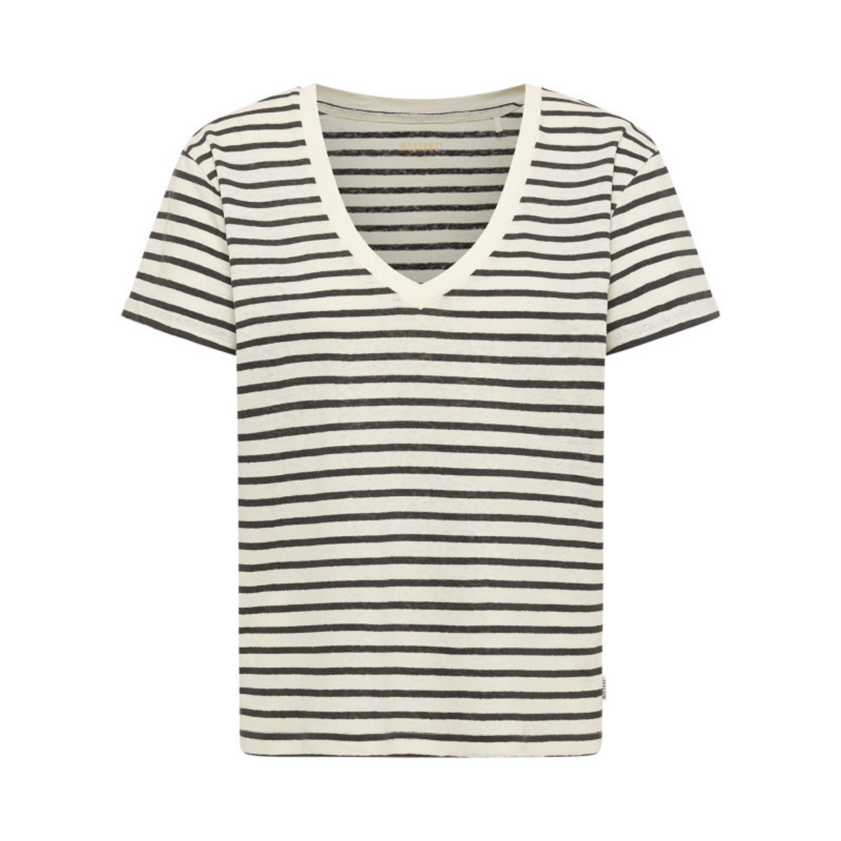 T-shirt en coton et lin mélangé blanc à rayures pourvu d'un col v blanc, MUSTANG