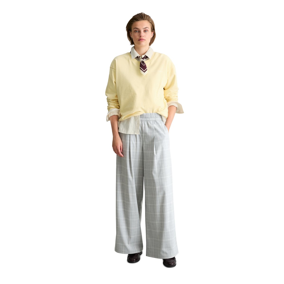 Pantalon large à carreaux en polyester-viscose extensible gris, MARC O’POLO DENIM