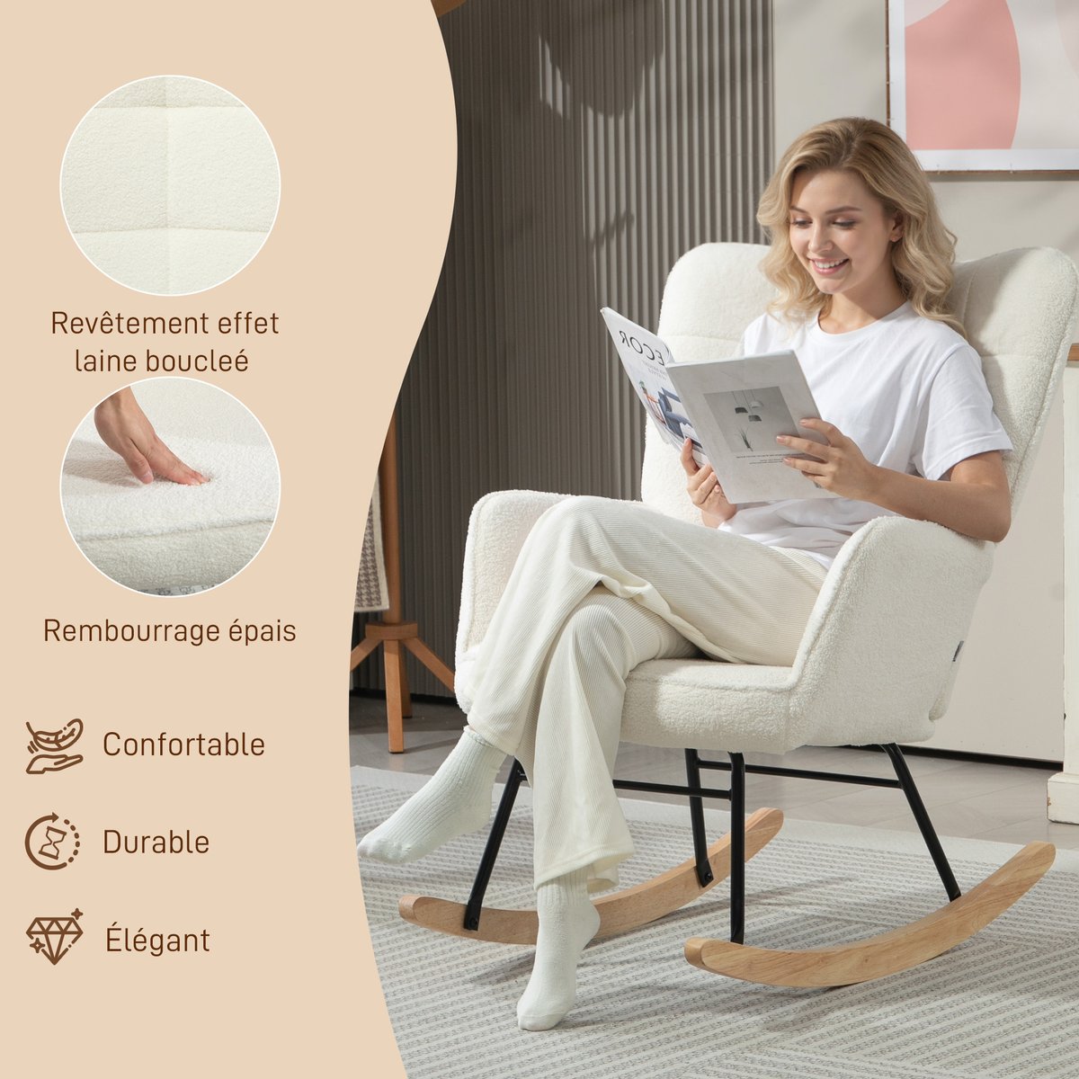 Fauteuil à bascule Revêtement bouclette Blanc blanc, HOMCOM