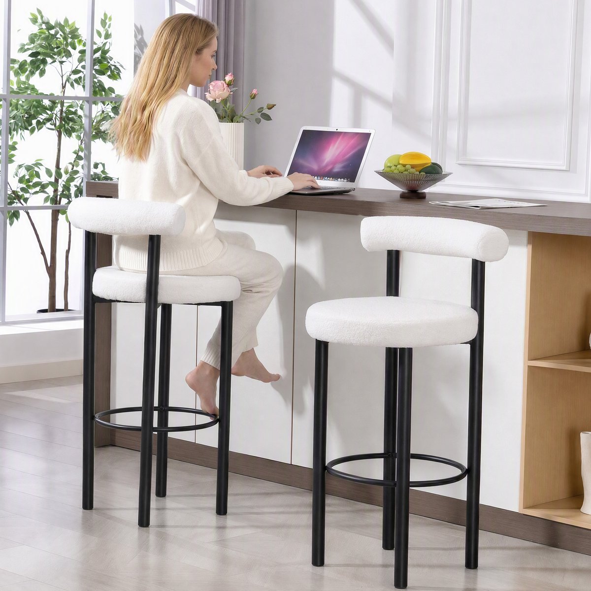 Tabouret de bar Tissu bouclette Blanc blanc, noir, HOMCOM