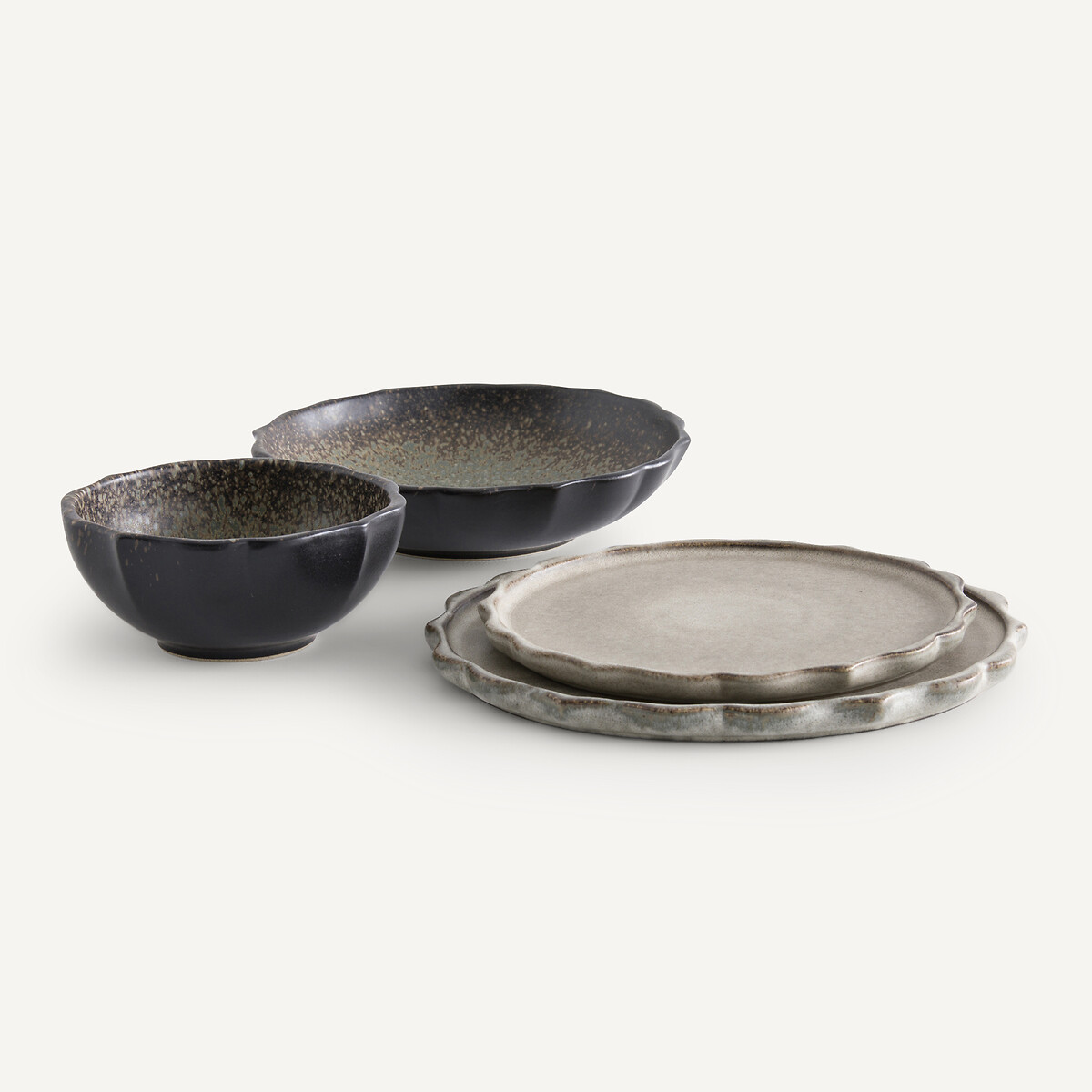 Set of 4 Arigato Enamelled Stoneware Dessert Plates grey white , AM.PM