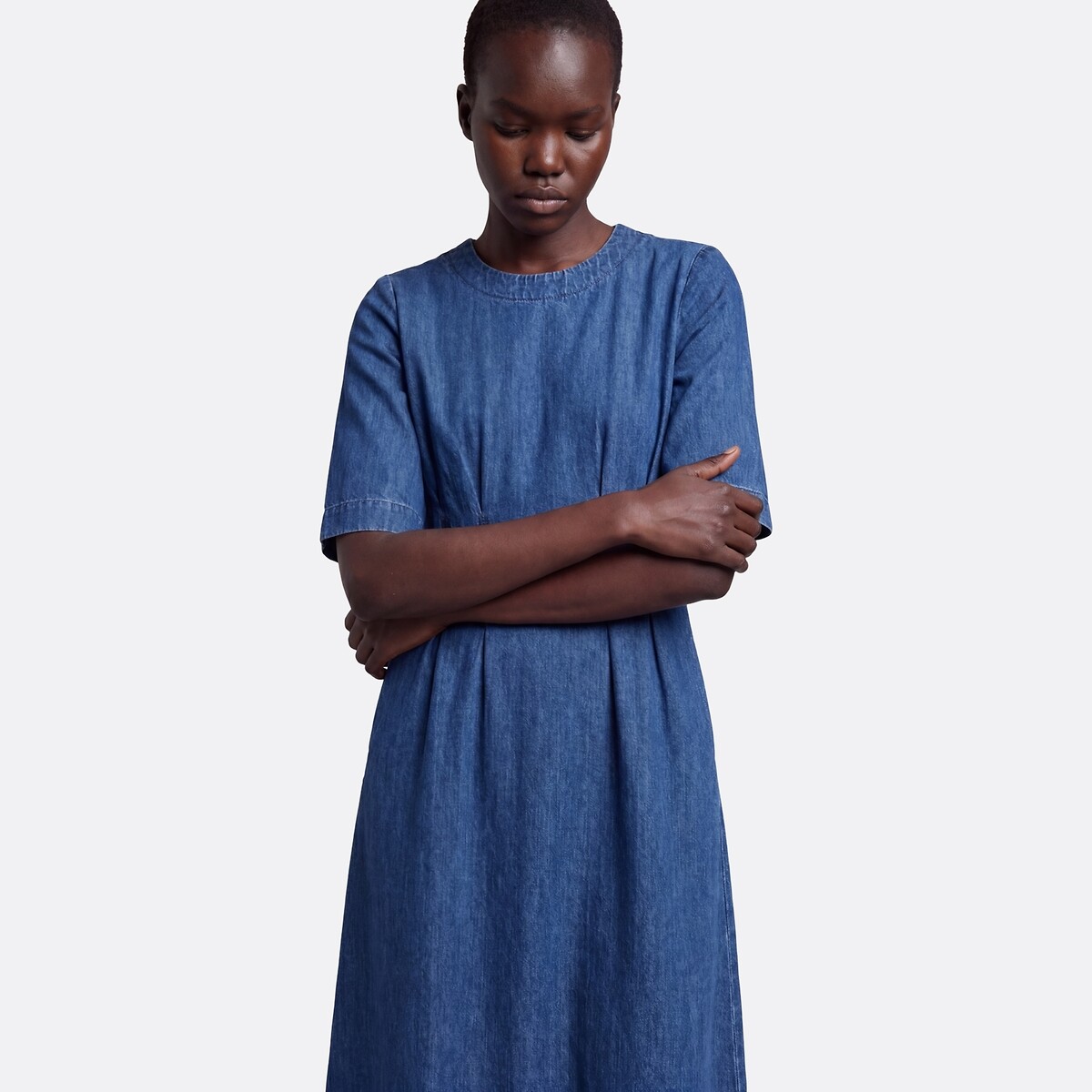Robe longue en jean à manches 3/4 et col rond bleu stone, LA REDOUTE COLLECTIONS