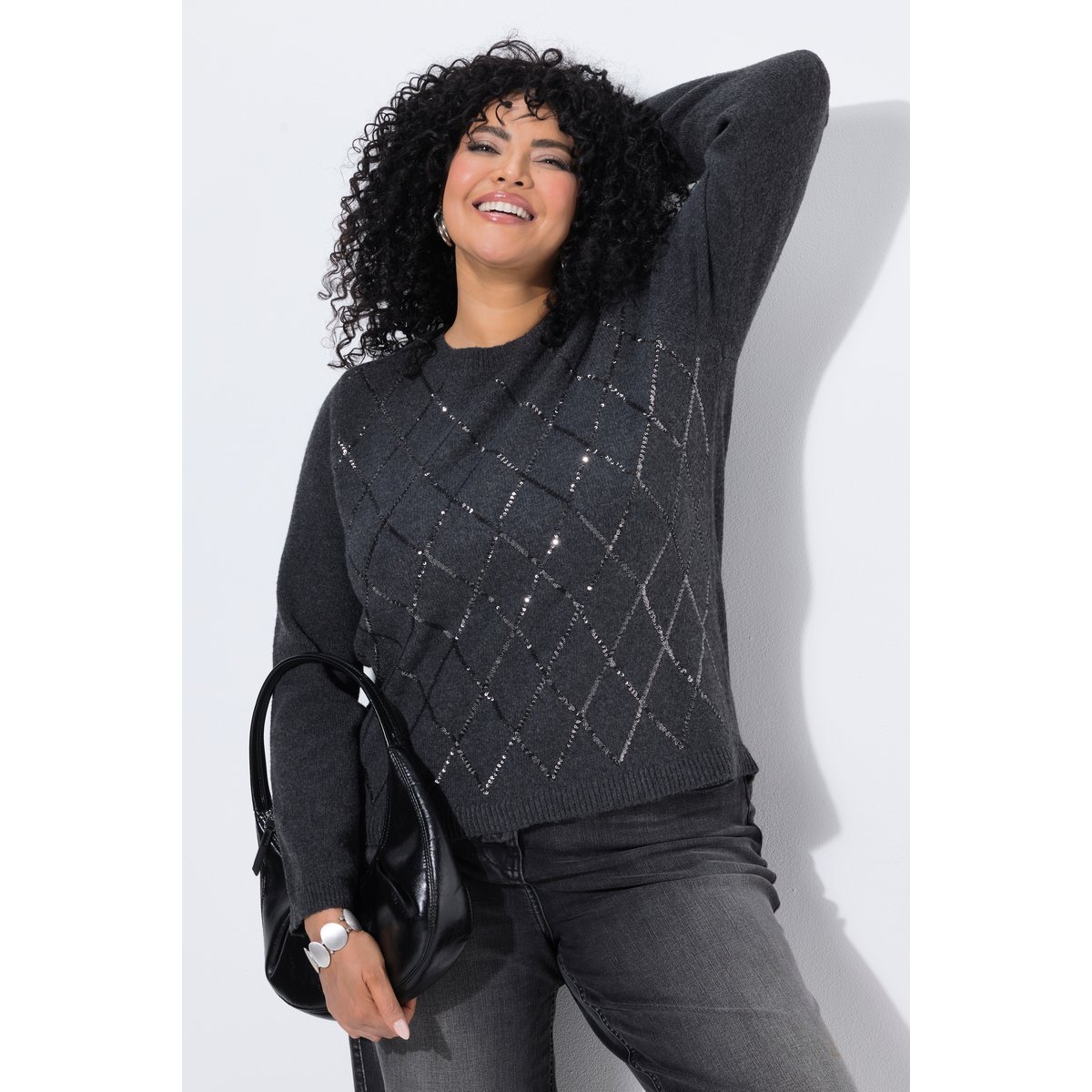 Pull motif losanges à paillettes chiné gris moyen, ULLA POPKEN